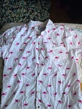 Blue Grar Slim Fit White Shirt with Pink Flamingo Print